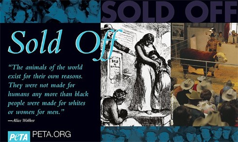 מכירות פומביות של בקר ושל עבדים, עם ציטוט מדברי הסופרת אליס ווקר, מחברת הצבע ארגמן (PETA)