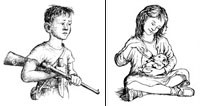 ילדה מחזיקה גור כלבים ומטפלת בו ולעומתה ילד מחזיק רובה ציד צעצוע.