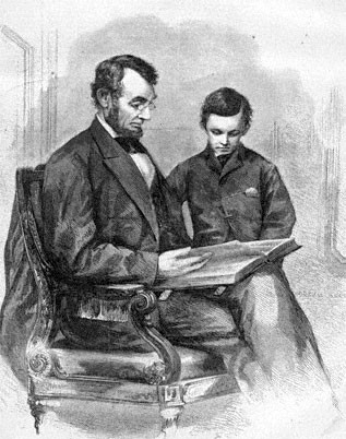 נשיא ארה ב אברהם לינקולן, הנשיא הראשון שהעניק חנינה לתרנגול הודו, עם בנו הקטן, טאד, שהוא למעשה האחראי...